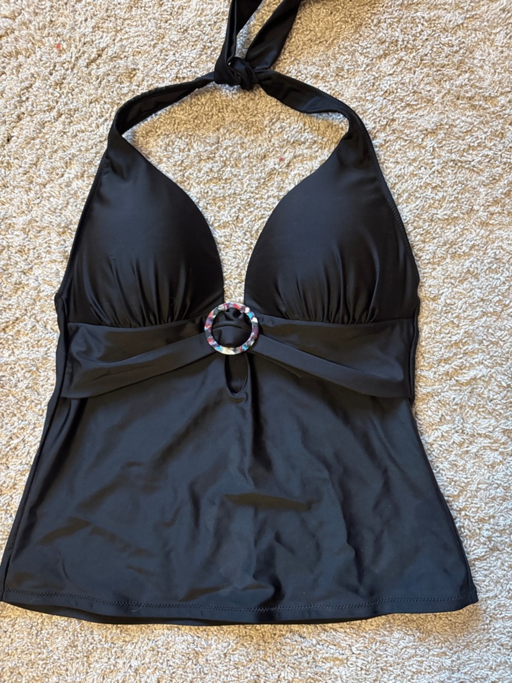 Solid Black Halter One-Piece Swimsuit with Multicolor Ring